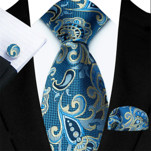 Luxury Blue Gold Paisley Necktie Set with matching pocket square and cufflink