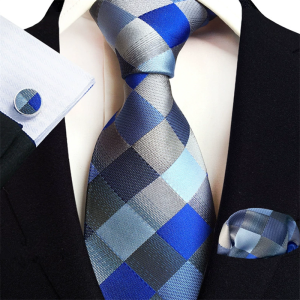 Blue Grey Checkered Necktie Set with matching pocket square