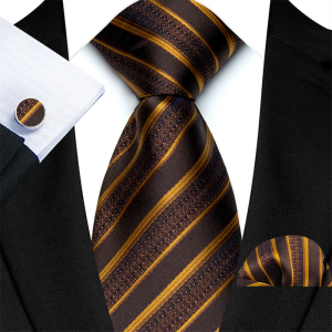 Brown Gold Striped Necktie Set with matching pocket square and cufflink