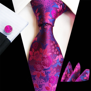 Magenta Blue Floral Necktie Set with matching floral pocket square