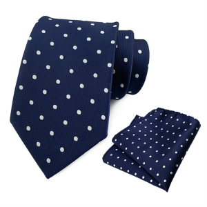 Navy Blue Polka Dot Necktie and Pocket Square Set with white dots