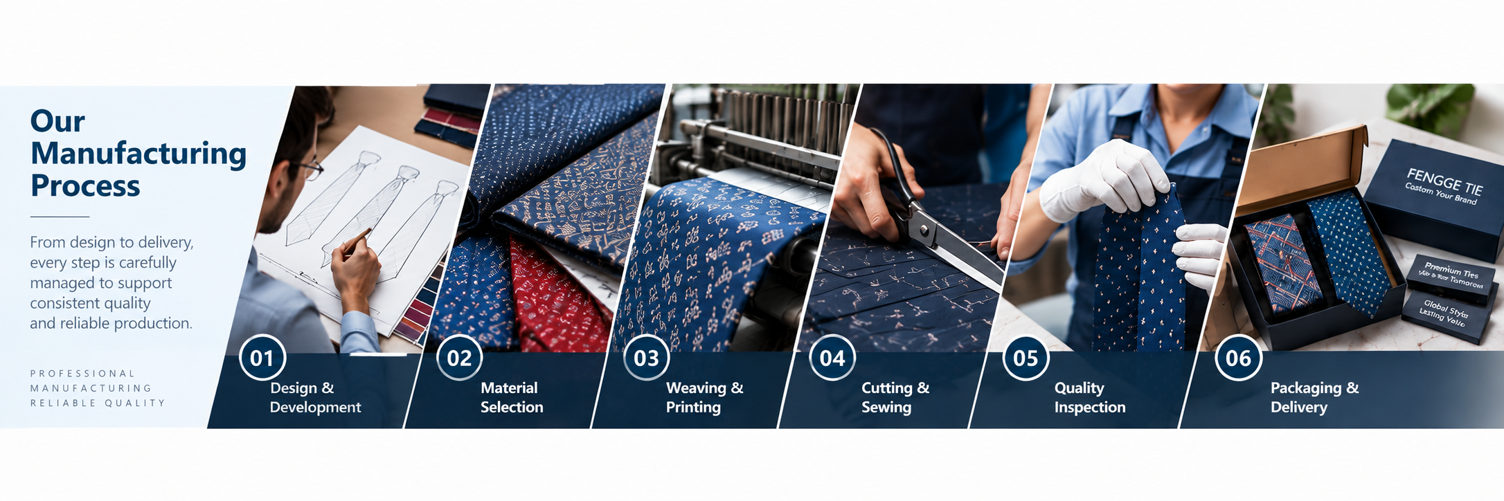Necktie manufacturing process from design and material selection to quality inspection and packaging