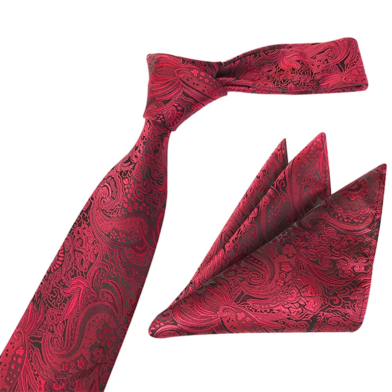 Elegant Red Paisley Necktie Set with Matching Pocket Square