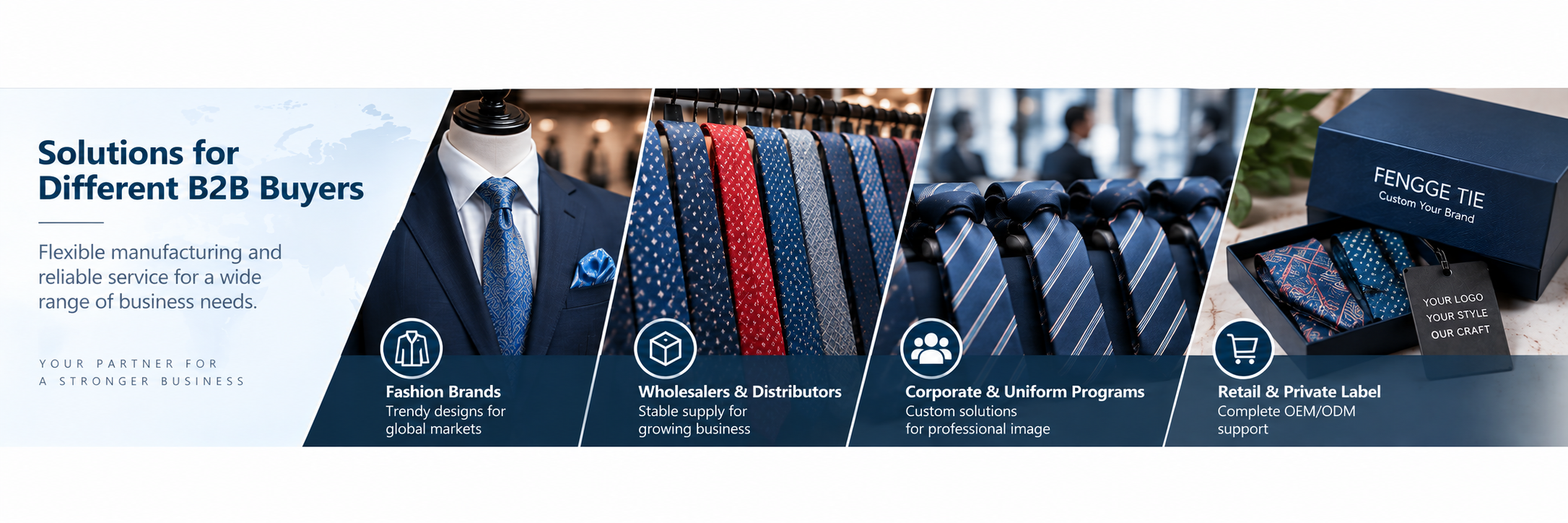 Necktie solutions for fashion brands, wholesalers, corporate programs and private label buyers
