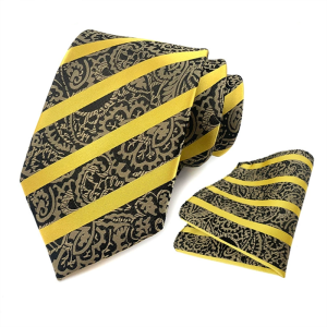 Yellow Black Paisley Stripe Necktie Set with Matching Pocket Square