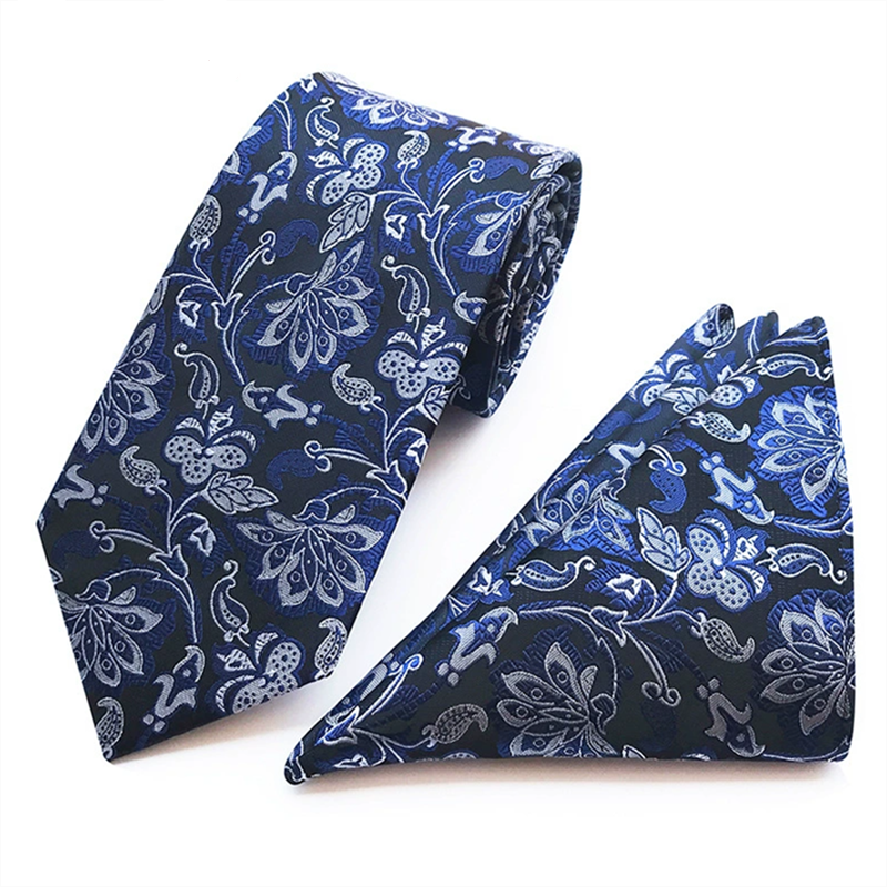 Black blue floral paisley tie and pocket square set, jacquard woven men necktie for business formal wear