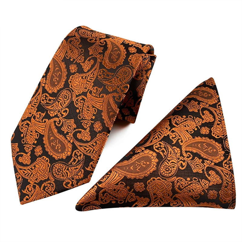 Black brown paisley tie and pocket square set, jacquard woven men necktie for banquet prom occasion