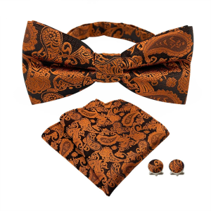 Black Copper Paisley Bow Tie Set with Pocket Square and Cufflinks