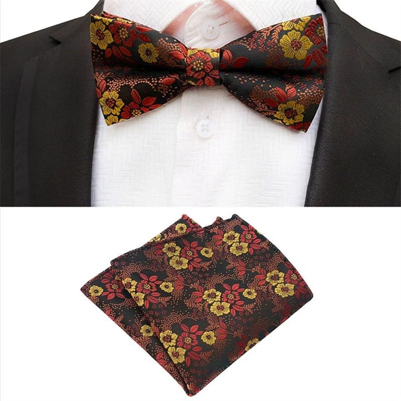 Black base gold red floral bow tie pocket square set, jacquard woven mens bowtie handkerchief for formal banquet