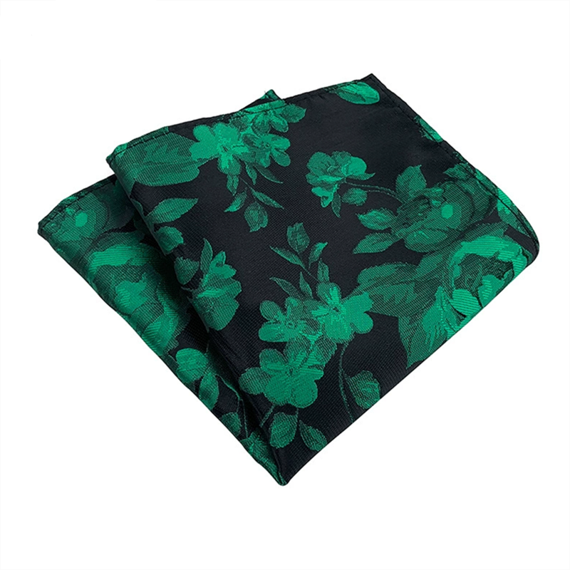 Black green floral pocket square, jacquard woven flower mens suit pocket handkerchief for formal events