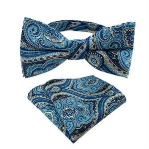 Blue Gold Paisley Bow Tie Set with Matching Pocket Square