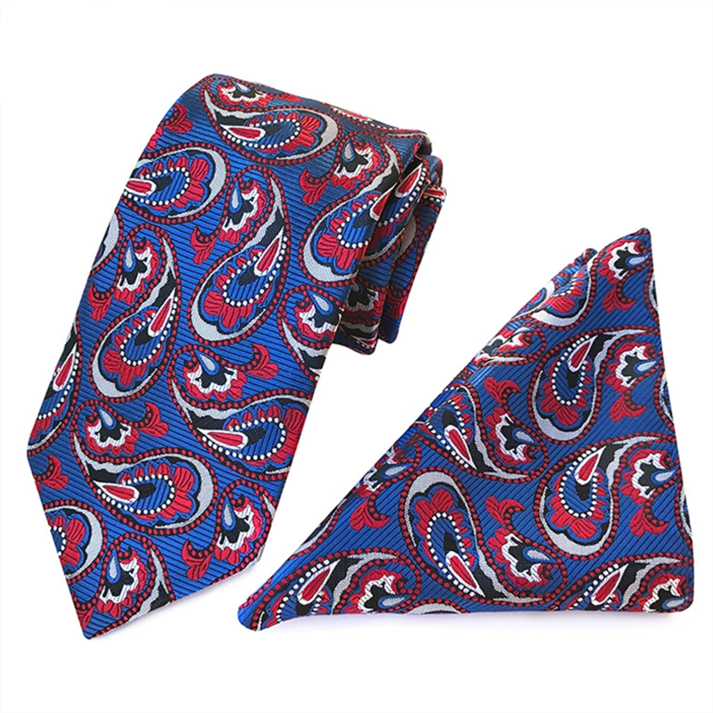 Blue red paisley tie and pocket square set, jacquard woven men necktie for formal wedding party
