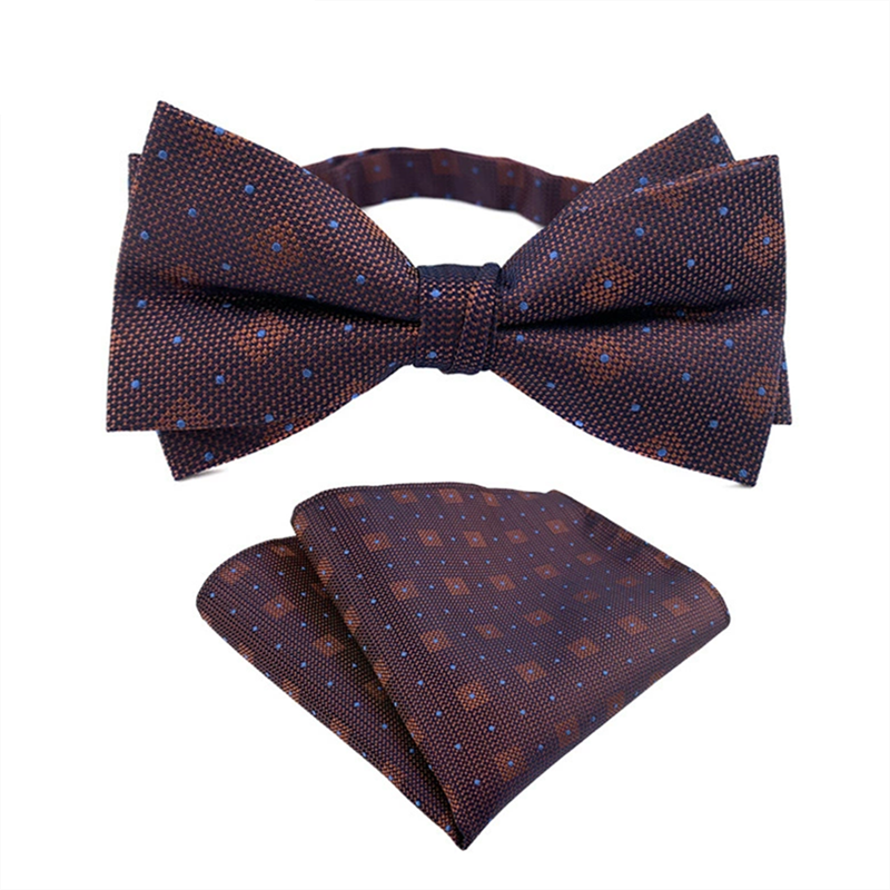 Brown check with blue dots bow tie and pocket square set, jacquard woven men bowtie handkerchief for business