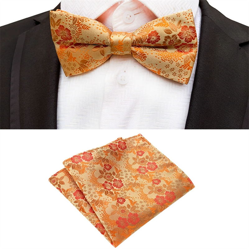Champagne gold floral bow tie and pocket square set, jacquard woven men bowtie handkerchief for wedding party