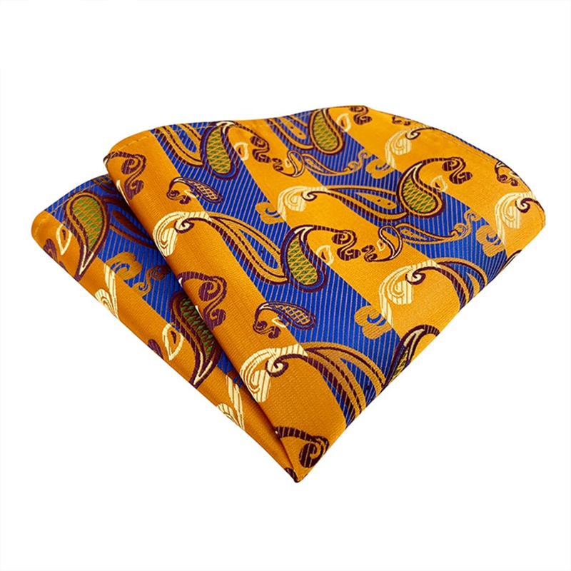 Gold blue paisley striped pocket square, jacquard woven formal suit pocket handkerchief for men