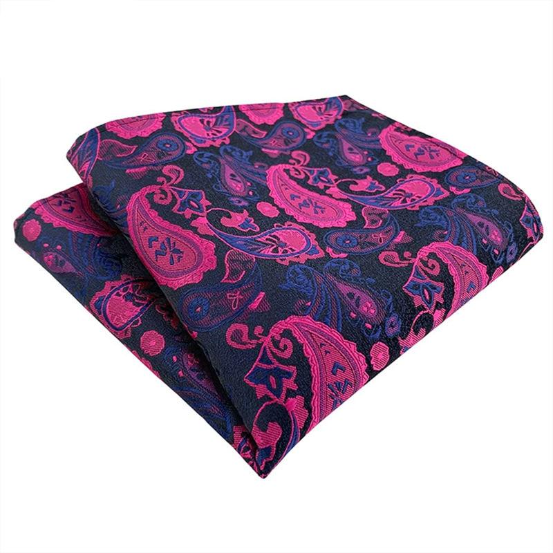 Hot pink navy paisley pocket square, jacquard woven mens suit handkerchief for formal occasion