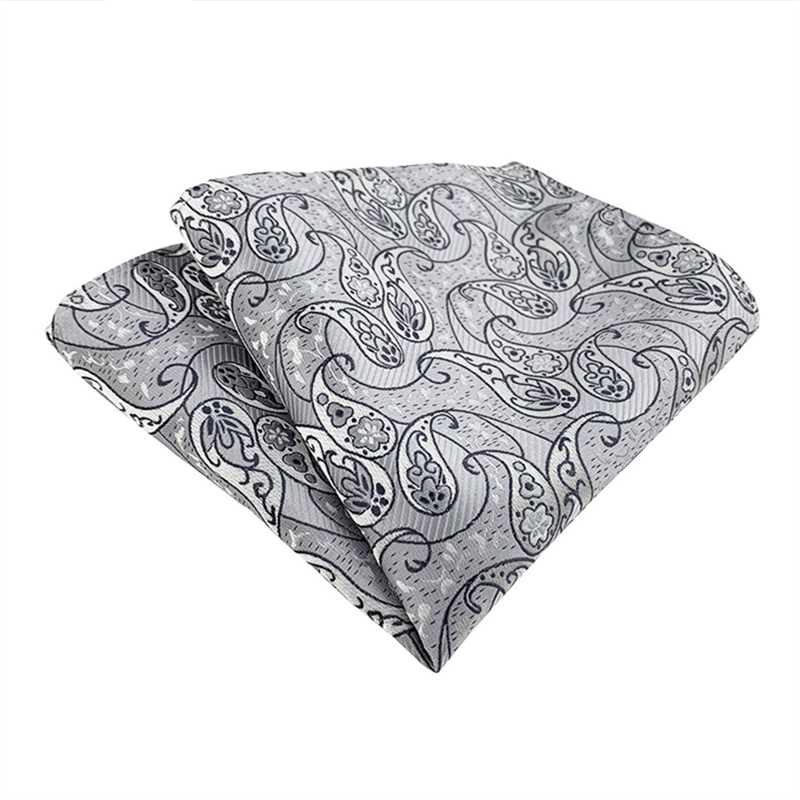 Light grey paisley pocket square, jacquard woven mens suit pocket handkerchief for wedding