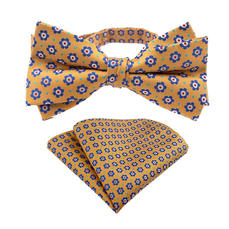 Mustard yellow small floral bow tie pocket square set, jacquard woven mens bowtie handkerchief for party