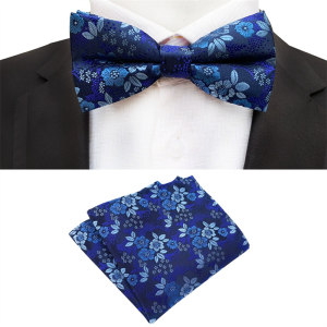 Navy Blue Floral Bow Tie Set with Matching Pocket Square
