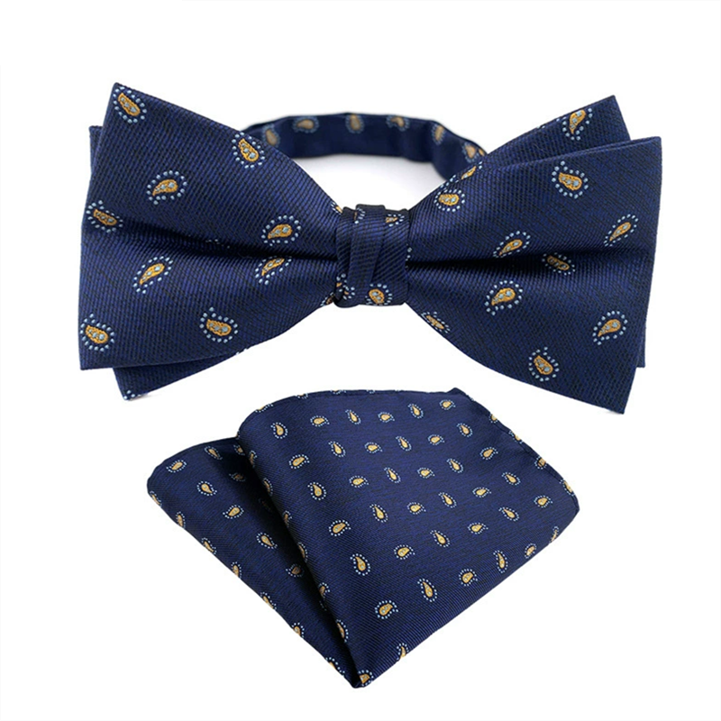 Navy Blue Small Paisley Bow Tie Set with Matching Pocket Square