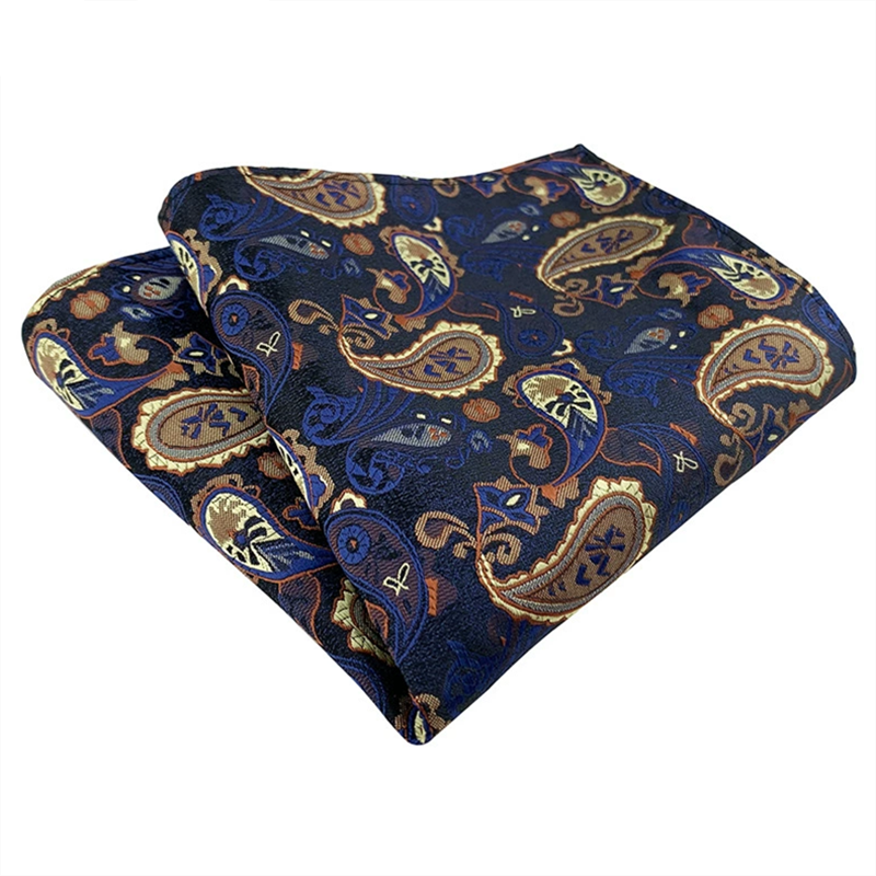 Navy brown paisley woven pocket square, mens formal suit jacquard pocket handkerchief