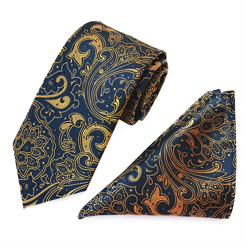 Navy gold paisley tie and pocket square set, jacquard woven men necktie for wedding suit