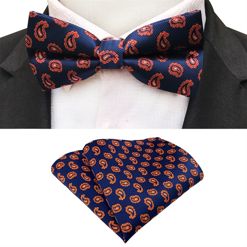 Navy blue orange paisley bow tie pocket square set, jacquard woven mens bowtie handkerchief for formal party