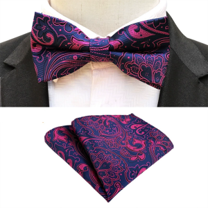 Navy Pink Paisley Bow Tie Set with Matching Pocket Square
