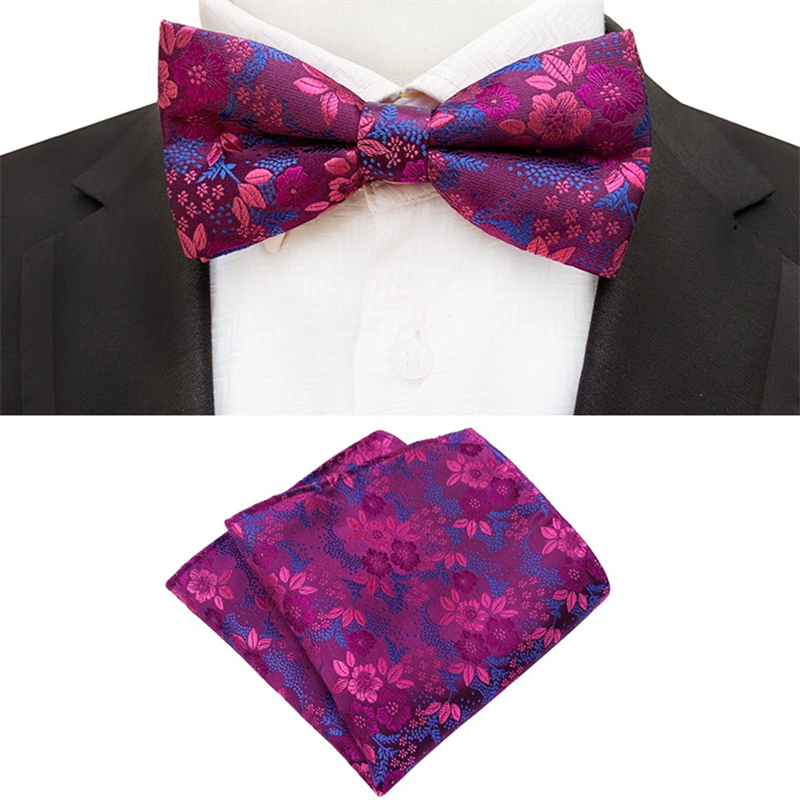 Purple fuchsia floral bow tie and pocket square set, jacquard woven men bowtie handkerchief for prom and wedding