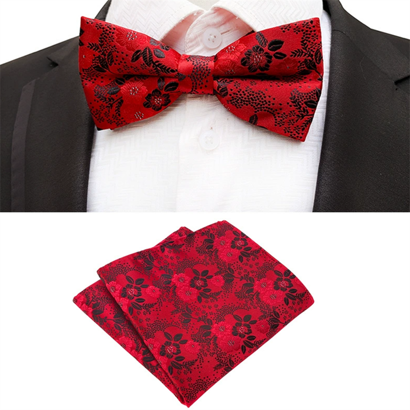 Red base black floral bow tie pocket square set, jacquard woven mens bowtie handkerchief for wedding suit