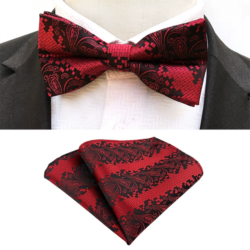 Red black paisley check bow tie pocket square set, jacquard woven mens bowtie handkerchief for wedding occasion