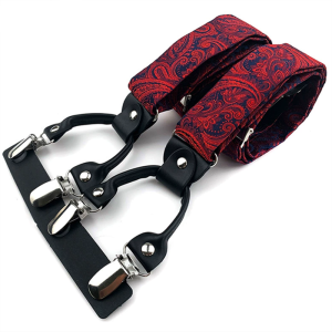Red Paisley Suspenders with 35mm Elastic Y-Back and Metal Clips