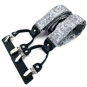 Silver Gray Paisley Suspenders with 35mm Elastic Y-Back and Metal Clips