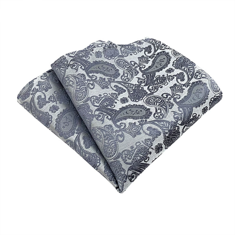 Silver grey paisley pocket square, jacquard woven mens suit handkerchief for formal events