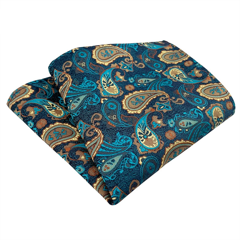 Teal gold paisley jacquard pocket square, vintage woven suit handkerchief for men wedding business