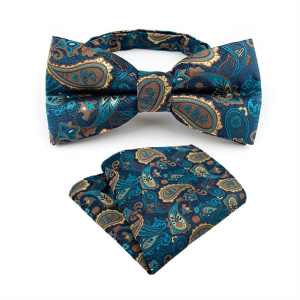 Teal Paisley Bow Tie Set with matching pocket square in blue and gold pattern