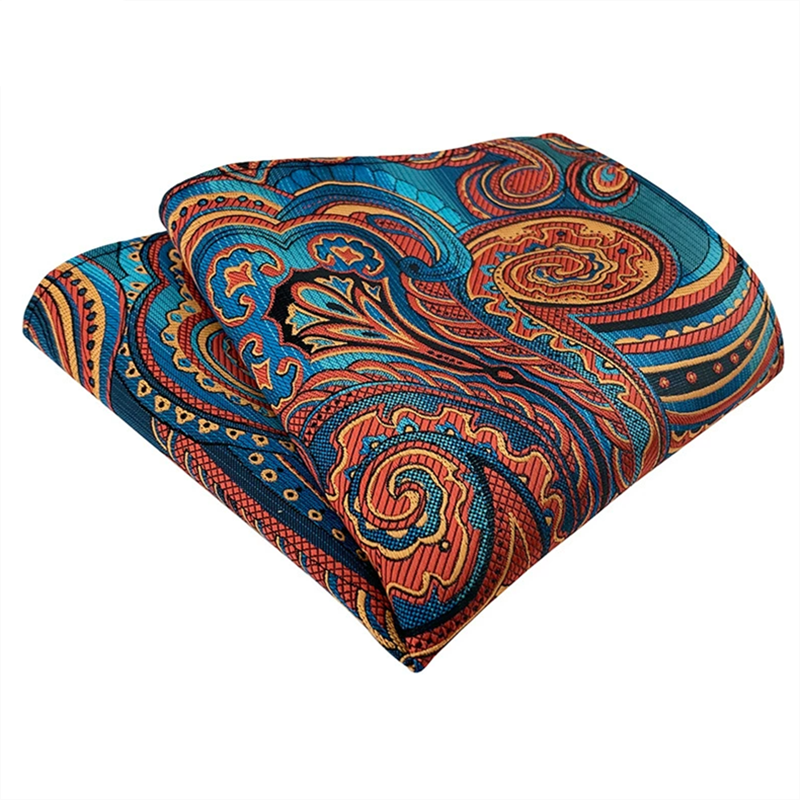 Vibrant orange teal paisley pocket square, colorful jacquard woven men suit pocket handkerchief