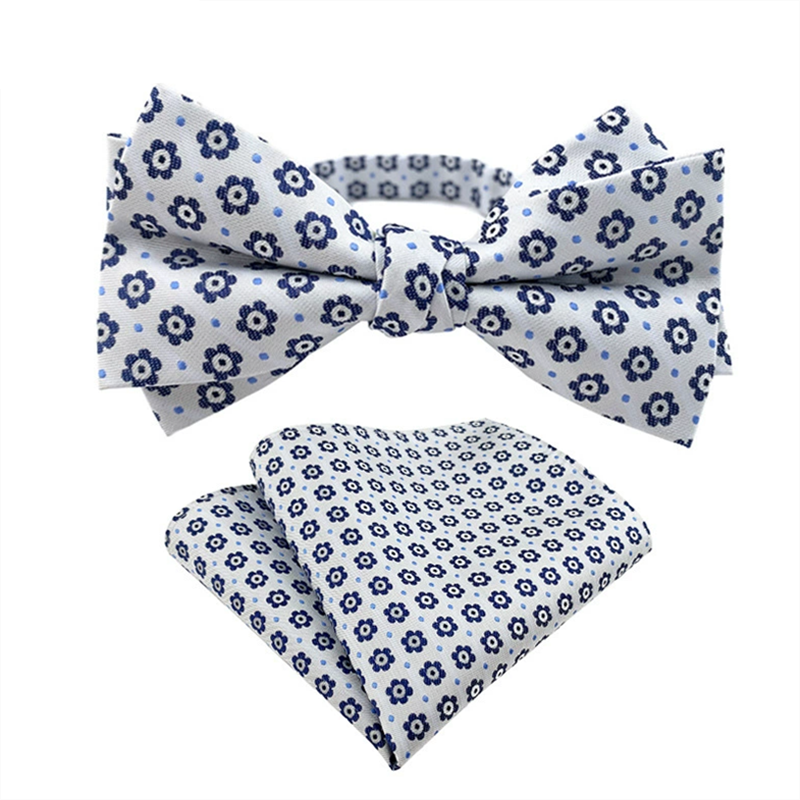 White base blue small floral bow tie pocket square set, jacquard woven mens bowtie handkerchief for formal occasion
